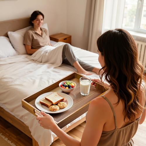 Serving Trays - 2 Pack, Large | Acacia Wood Serving Platters with Ergonomic Handles, Versatile Rustic Decorative Trays for Breakfast, Brunch, Dinner - size: 16"x11"x1.57" and 17"x12"x1.57"