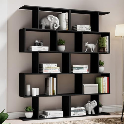 Set of 2 Geometric Bookcase, S-Shaped Modern Bookshelf, Room Divider Bookshelf, 62" Tall Unique Abstract Bookcase with 5-Tier Display Shelf for Living Room Office, Black - color: Black