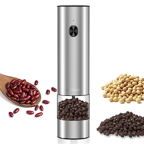 Electric Pepper Grinder & Salt Mill - Battery Operated Stainless Steel Body with Transparent Container LED Light One-Hand Operation Push-Button Switch Adjustable Coarseness Easy Refill & Clean | Side-button switch, stainless steel body, 70ml transparent c