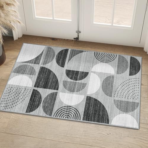 Small Rug Washable,Boho 2x3 Area Rugs Non Slip Modern Abstract | Machine Washable Throw Carpet for Entryway Bathroom Entry Entrance Bedroom Kitchen Soft Low Pile Floor Indoor Black and Grey - color: Black and Grey, size: 2' x 3' (Rectangular)