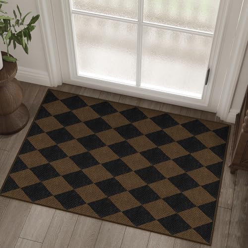 Easy Jute Checkered Entryway Rug, 2x3 Coffee Modern Indoor Outdoor Doormat, Washable Non-Slip Neutral Small Kitchen Rug Farmhouse Diamond Throw Rugs for Entrance Bedroom Bathroom - color: Coffee Checkered, size: 2' x 3' (Rectangular)