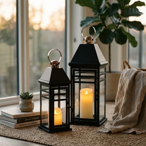 TRIROCKS Set of 2 Decorative Candle Lanterns 22&18" H Vintage Outdoor Hanging Lanterns Metal Candle Holder with Tempered Glass for Porch Balcony Patio Indoor Outdoor(Black with Gold top) - color: Set of 2 Black