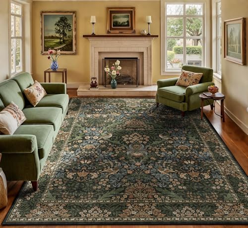 8x10 Washable Area Rug Non-Slip Throw Rug for Living Room Gold Green | Soft Low-Pile Area Rug,Distressed Botanical Birds Carpet,Foldable Stain Resistant Area Rug for Farmhouse Dining Room Office - color: Gold Green (Larger Pattern), size: 8' x 10' (Rectan