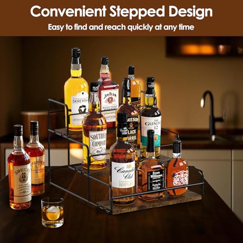 Nuovoware Liquor Bottle Display Shelf, 3 Step, Black | Wine Rack, Countertop Liquor Shelf, Mini Bar Liquor Cabinet Kitchen Coffee Bar Shelf Stand for Whiskey