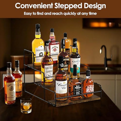 Nuovoware Liquor Bottle Display Shelf, 3 Step, Black | Wine Rack, Countertop Liquor Shelf, Mini Bar Liquor Cabinet Kitchen Coffee Bar Shelf Stand for Whiskey
