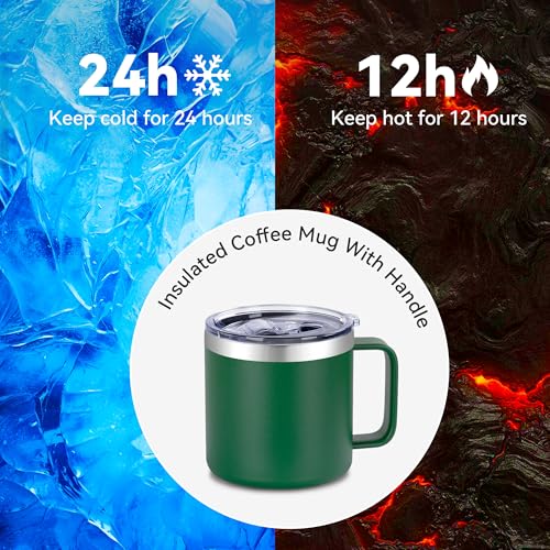 VEGOND 14 oz Insulated Coffee Mug Bulk with Handle, Stainless Steel Travel Coffee Mug with Lid, Double Wall Vacuum Metal Coffee Cup, Coffee Tumbler Powder Coated, Dark Green 4 Pack - color: Dark Green, size: 14 Ounces (4 Pack)