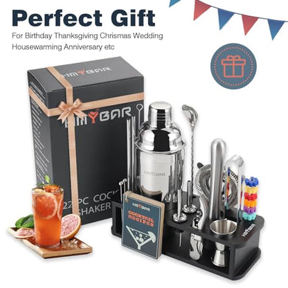 HMYBAR® 22-Piece Cocktail Shaker Set, Mixology Bartender Kit with 24oz Cobbler Shaker, Home Bar Tool Set with Black Bamboo Stand, 39 Recipe Cards, Glass Markers, Gift for Men & Dad - color: Black