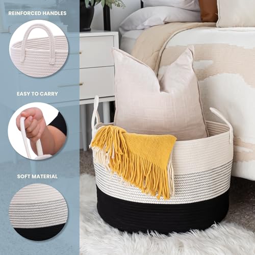 OrganiHaus Round Toy Basket & Blanket Basket, Cotton Rope 20x13" | 3-Toned Black - Round Cotton Rope Basket, 20x13" - color: 3-toned Black, size: Wide