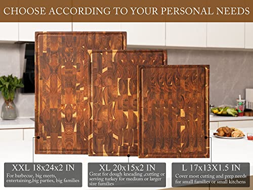 Acacia End Grain Wood Cutting Board 20x15x2 In Thick Butcher Block | Double-Sided Chopping Boards,Wooden Butcher Block,Chopping Board For Kitchen, Juice Groove Handles,Non-Slip Mat - size: 20"L x 15"W