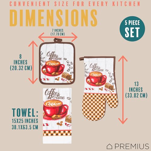 5 Piece Coffee Time Printed Kitchen Linen Set, 2 Cotton Towels, 2 Potholders, 1 Oven Mitt with Hanging Loop, 100% Cotton Material on Front & Polyester Backing, Perfect Kitchen Accessory - color: Coffee Time