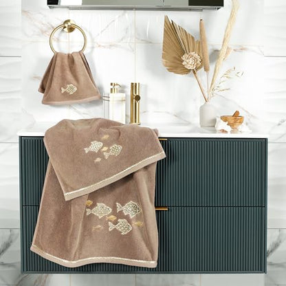 Treasure 4-Piece Premium Towel Set, Sparkling Applique Fish, Ultra Plush Turkish Cotton, Durable, Perfect for Bathroom, 2 Bath 2 Hand Towels, Cocoa - color: Cocoa, size: 2 Pcs Bath 2 Pcs Hand Towel