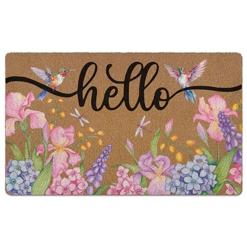 Spring Hello Floral Hummingbird Door Mat, Bird Flower Artificial Coir Front Door Mat Indoor Outdoor Entrance, Farmhouse Wildflower Doormat Rug for Porch Entryway Patio Decor, 17X30 Inch - color: Hello Floral Hummingbird