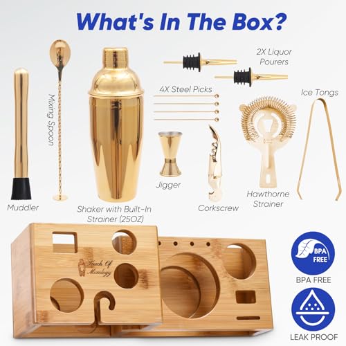 14PC Bartender Kit - Gold Cocktail Shaker Set - All Barware Essentials for Drink Mixing Includes Stand, Martini Shaker, Jigger, Strainer, Mixer Spoon, Muddler, Liquor Pourers, Touch of Mixology - color: Gold