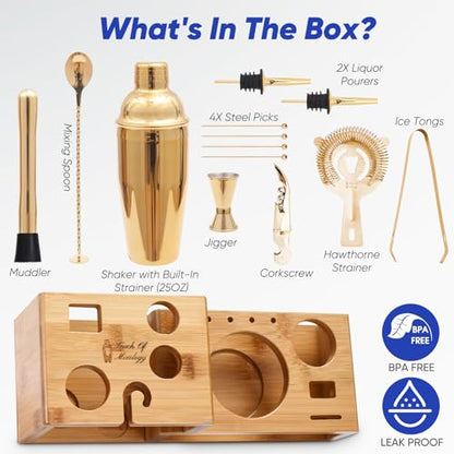 14PC Bartender Kit - Gold Cocktail Shaker Set - All Barware Essentials for Drink Mixing Includes Stand, Martini Shaker, Jigger, Strainer, Mixer Spoon, Muddler, Liquor Pourers, Touch of Mixology - color: Gold