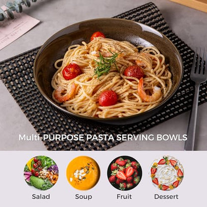 LERATIO 9.0" Ceramic Pasta Bowls Set of 6,38oz Large Stoneware Bowls Set | Reactive Glaze Serving Bowls Set,Wide Bowl for Pasta,Salad,Fruit & Noodles,Housewarming & Wedding Gift-Chestnut - color: Coffee, size: Set of 6