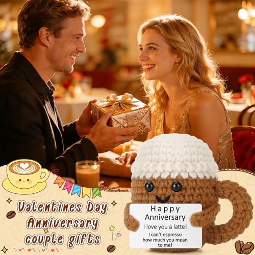 Xinezaa Mini Christmas Anniversary Crochet Coffee Gifts for Wife Husband | Birthday Gifts for Girlfriend Boyfriend Couples Coffee Lover, Cute Handmade Crochet, Valentine Romantic I Love You Desk Decor - style: Anniversary