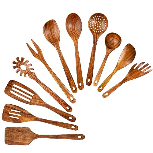 GUDAMAYE 11 PCE Wooden Spoons for Cooking, Wooden Kitchen Utensils Set,Wooden Cooking Utensils,Natural Teak Wooden Spoons For Non-stick Pan - size: 11 PCS