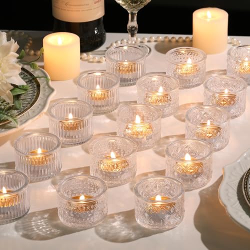 Lanttu 15 Pcs Clear Tealight Candle Holders Bulk 2.17 × 1.38 inches | Glass Votive Candle Holders Set for Wedding Table Centerpiece Home Party Holiday Decor - color: Clear