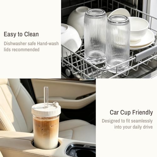 SoulTimes 24oz Mason Jar Drinking & Storage- Ribbed Glass Tumbler with Straw and Lid. Wide Mouth Boba Cups for Ice Coffee, Smoothie, etc. Leakproof and Reusable Food Container For Travel To Go 【4 Pcs】