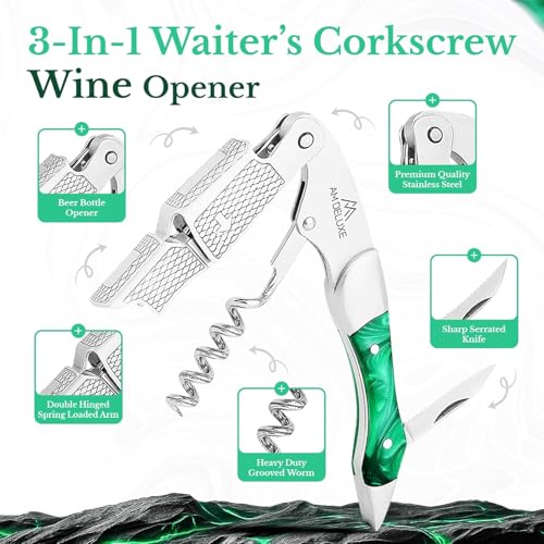 Wine Bottle Opener Set - Professional Waiters Corkscrew Wine Opener, Wine Aerator Pourer Spout, Wine Bottle Stopper, Wine Collar Drip Ring. 4-Piece Wine Accessories Gift Set