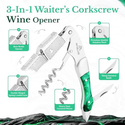 Wine Bottle Opener Set - Professional Waiters Corkscrew Wine Opener, Wine Aerator Pourer Spout, Wine Bottle Stopper, Wine Collar Drip Ring. 4-Piece Wine Accessories Gift Set