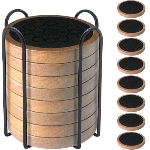 Wood Coasters for Drinks Set of 8, Minacun Absorbent Coaster, Drinks Coasters for Coffee Tabletop Protection, Non-Slip, Non-Stick, Suitable for Kinds of Cups Wooden Table Drink, 4.3 Inch Black - color: #8-black Pattern