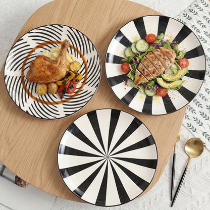 AHX Dinner Plates Ceramic Plate Set - 10 Inch Large Porcelain Round Plate Sets of 6 - Flat Modern Black Pattern Dining Plates for Kitchen | Family - Dishwasher | Microwave | Oven Safe - size: 10 inch