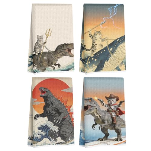 4 Pcs Funny Cat Kitchen Towels, Godzilla Japanese Cats Gifts Hand Towel | Cat Lover Gifts for Women Mom Microfiber Dish Cloths for Drying Dishes, Waffle Dish Towels for Kitchen Home Decor 24x14 Inch - color: Multi 1484