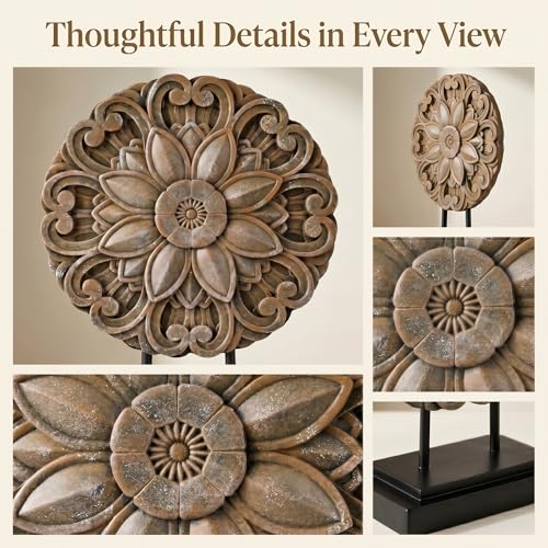 Brown Farmhouse Table top Sculpture Above Cabinet Decor Kitchen, Boho Carving Knick Knacks Shelf Decor Accent, Round Statue for Credenza Bookshelf Rustic Shabby Chic Center Pieces Decoration