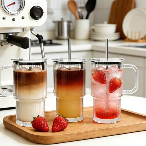 Accguan 6Pack 20oz Ribbed Glass Tumbler with Handle, Straw and Lid | Glass Cup, Reusable lced Coffee Cups with lids for Smoothie,Coffee,Juice,Tea,Travel Mug,Cold & Hot Beverages - size: 20oz with handle-6pcs