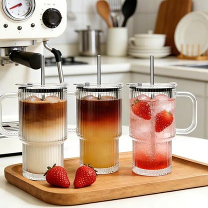 Accguan 6Pack 20oz Ribbed Glass Tumbler with Handle, Straw and Lid | Glass Cup, Reusable lced Coffee Cups with lids for Smoothie,Coffee,Juice,Tea,Travel Mug,Cold & Hot Beverages - size: 20oz with handle-6pcs