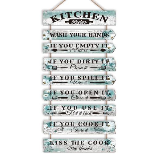 Kitchen Wall Decor Funny Kitchen Signs Kitchen Rules Pictures Wall Art Decor Rustic Farmhouse Western Kitchen Decor Wooden Sign (Teal Daisy) - color: Teal Daisy