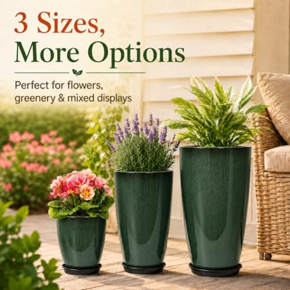 Neoaider Set of 3 Tall Planter, 24/21/12in Large Plastic Planter, DarkGreen | Ceramic-Look, Lightweight, Built-in Drain Hole, Saucers, Tall Outdoor Planter for Porch, Garden, Patio, Balcony - color: Dark Green