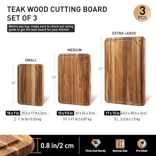 Teak Wood Cutting Board Set for Kitchen High-End Non Toxic Non Slip Over Sink Solid Thick Wood Haus Chopping Board Extra Large Big Small Best Kitchen Essential House Warming Hostess Host Gift - style: Set of 3