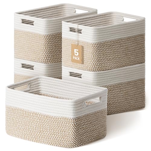 5 Pack Woven Storage Baskets, Decorative Storage Bins for Organizing | 13.8'' × 9.8'' × 7.9'', Cotton Rope Basket Organizer for Closet, Shelves, bathroom, Nursery, Toys, Books, Pantry, Khaki/White - color: Khaki & White
