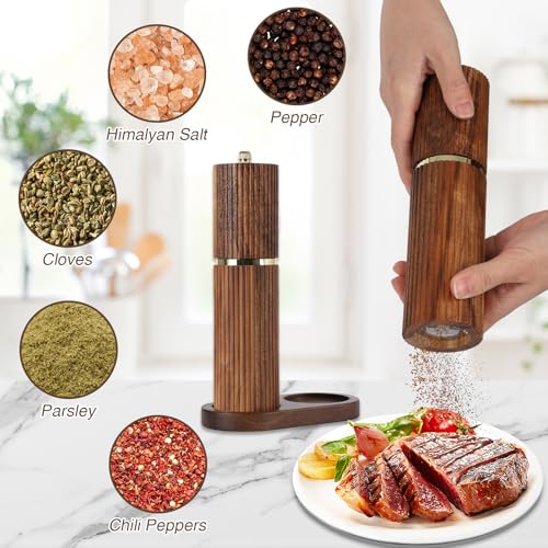 Wooden Salt and Pepper Grinder Set, Refillable Salt and Pepper grinder with adjustable Coarseness, Acacia Wood pepper mill manual, Salt and Pepper Shakers Matching Wooden tray-Ideal for Gifting - color: BURLYWOOD