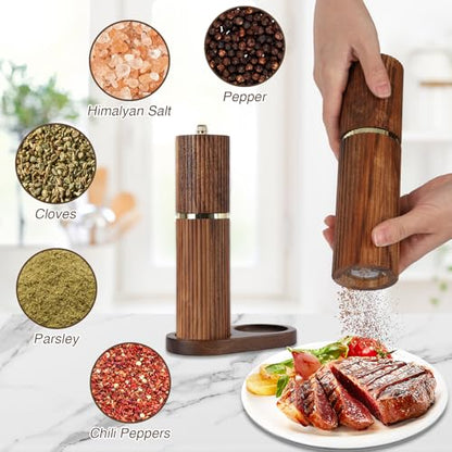 Wooden Salt and Pepper Grinder Set, Refillable Salt and Pepper grinder with adjustable Coarseness, Acacia Wood pepper mill manual, Salt and Pepper Shakers Matching Wooden tray-Ideal for Gifting - color: BURLYWOOD