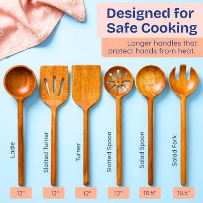 Non-Toxic Acacia Wooden Utensils Set, 6-Piece, Glue and Mineral Oil Free | One-piece solid wood. No hidden adhesives. Petroleum free. Finished with beeswax, flaxseed & lemon oil. Longer handles.