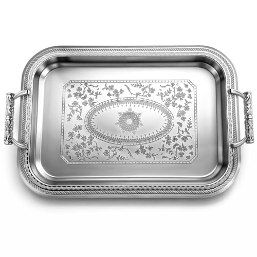 Rtteri Silver Serving Trays with Handles Rectangle Stainless Steel Metal Plate 16.1 x 11.4 Mirror Tray for Cake Cookies Snacks Desserts Fruit Ottoman Coffee Table Living Room Whiskey Table Decor