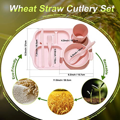 Honoson 24 Pcs Wheat Straw Dinnerware Cutlery Set, Service for 4, Unbreakable Plates and Bowls Set - Divided Plates, Bowls, Spoons, Forks & Knives, Microwave & Dishwasher Safe(Beige/pink/green/blue) - color: Beige/Pink/Green/Blue