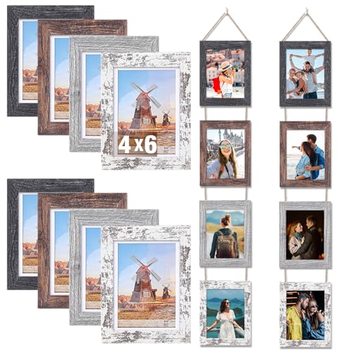 Qunclay 2 Set 4x6 Wall Hanging Picture Frames Collage with 8 Openings, Rustic Picture Frames Multiple for Friend Family Wedding Photos, Farmhouse Decor, Wedding Mothers Day Housewarming Birthday Gifts - color: Rustic, size: 4 x 6 Inch