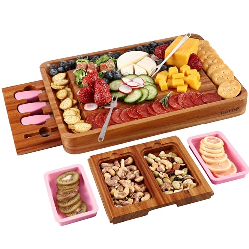 hecef Pink Large Charcuterie Board Set with Stainless Steel Cheese Knives, Cheese Board Set Wooden Appetizer Platter for Housewarming, Weddings, Birthdays & More, Forks & Pull-Out Drawers - style: with Drawer-Pink