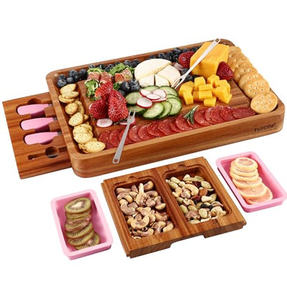 hecef Pink Large Charcuterie Board Set with Stainless Steel Cheese Knives, Cheese Board Set Wooden Appetizer Platter for Housewarming, Weddings, Birthdays & More, Forks & Pull-Out Drawers - style: with Drawer-Pink