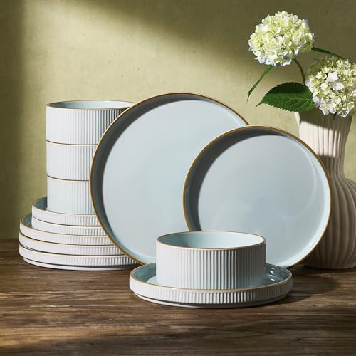 Famiware Plates and Bowls Set with Rim, Stoneware Dinnerware Sets for 4 | 12-Piece Ceramic Dishes, Lipped Edges, Chip & Scratch Resistant, Microwave & Dishwasher Safe, Everyday Formal Use, Light Blue - color: Light Blue, size: Service for 4