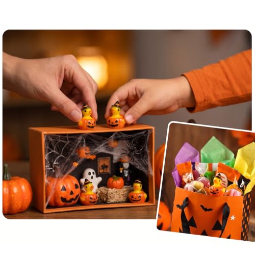 JUNEBRUSHS 50Pcs Mini Resin Ducks Halloween Tiny Pumpkin Ducks Figures | Yellow Ducks,Small Resin Animals,for Dollhouse Miniature Landscape Decor,DIY Crafts,Spooky Party Favor - style: Halloween Pumpkin Duck Style