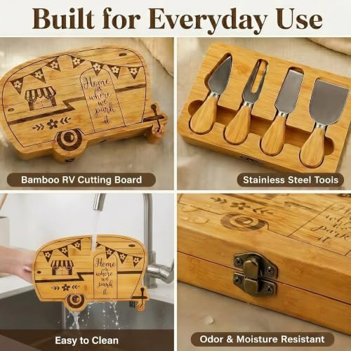 Foldable RV Charcuterie Board Set - Bamboo Cutting Board & Serving Tray | House Warming Gifts New Home, Happy Camper Decor - Birthday, Wedding, Bridal Shower Gifts for Women & Couples