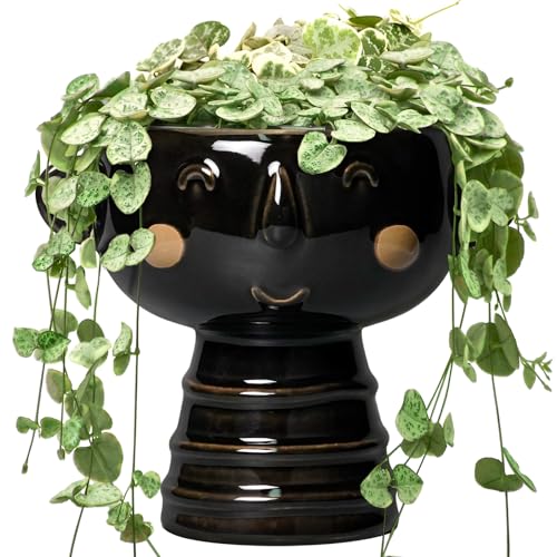 Face Planter - 7 Inch Ceramic Head Planters for Indoor Plants Outdoor, Cute Succulent Pots with Drainage Hole, Decorative Plant Pot, Home Office Room Decor, Black - color: Black-boy