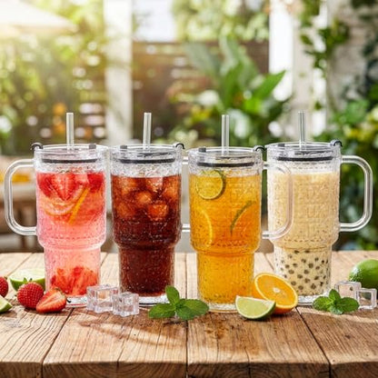 4 Pack Glass Tumblers, 17 Oz Drinking Glass Mugs | Reusable Iced Coffee Cups with Handle, Lid, Straw and Brush, Diamond Pattern Mugs for Cold Hot Beverages Smoothies