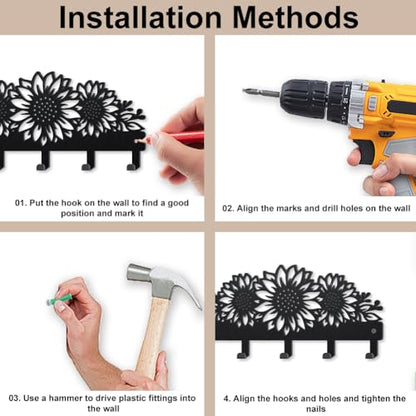 MAYJOYDIY Sunflower Metal Key Hook Flowers Leaves Coat Rack Wall Mounted 9.8×4.7inch Sunflower Plant Black Art Wall Decor Key Holder with 5 Hooks for Gift Coats Hats Towels Bags Hanging - style: Sunflower