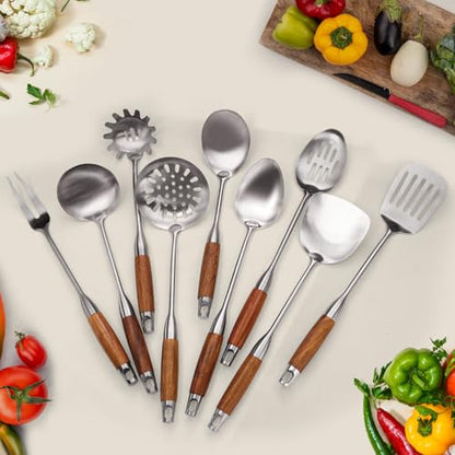9 PCS 304 Stainless Steel Cooking Utensils set with Wooden Handle, Metal Kitchen Utensils Set, Large Heat Resistant Wooden Handle Kitchen Tools, Stainless Steel Wok Spatula